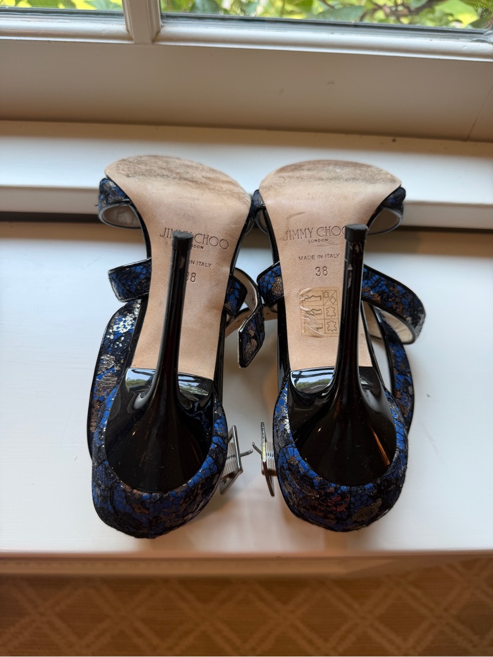 Jimmy Choo Blue, Black and Gold Print Strappy Heels - Picture 4 of 4